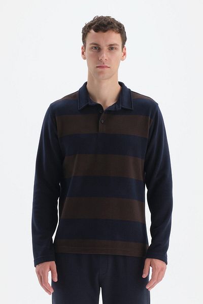 Dagi Marineblau gestreiftes Polo-Sweatshirt mit Halbfalten