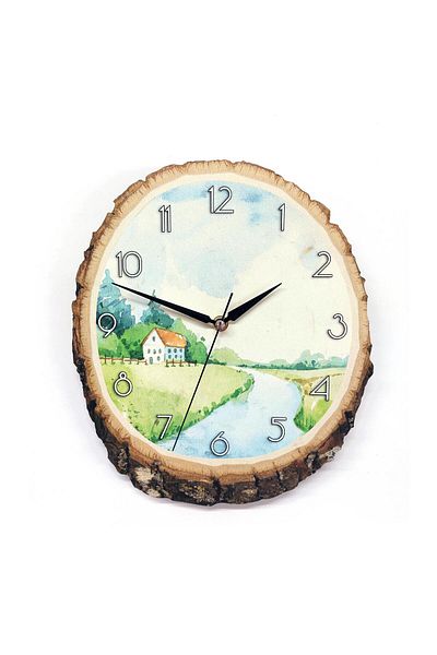 CajuArt Decorative Log Top Table Landscape Painting Design Wall Clock Decor