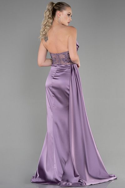 Abiyefon Rochie de seara lunga din satin cu drapaj fara bretele lavanda Abu2127