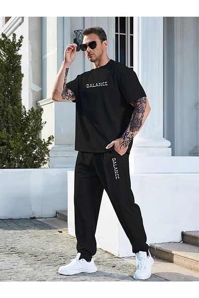 DAXİS Sportwear Company Printed Bottom Top Tracksuit Set - Crew Neck T-shirt Sweatpants Jogger Set