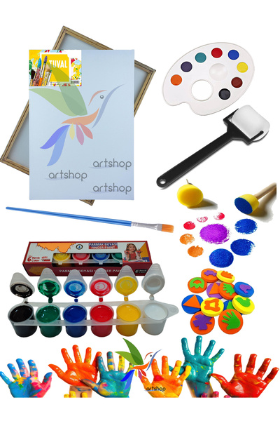 Artshop 25x35 cm Tuval, 6 lı Parmak Boyası, Fırça, Palet, 2 li Ponpon Fırça, 6 lı Baskı Kalıbı, Sünger Rulo