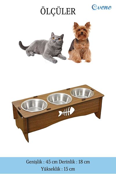 Evene Cat Food Bowl Cat Water Bowl Cat Food and Water Bowl Cat Food Bowl 3 Steel Bowl Model 5 Walnut