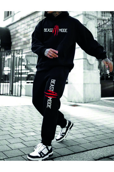 FECCY Black Men's Oversize Basic Hooded Top and Bottom Set with Elasticated C...
