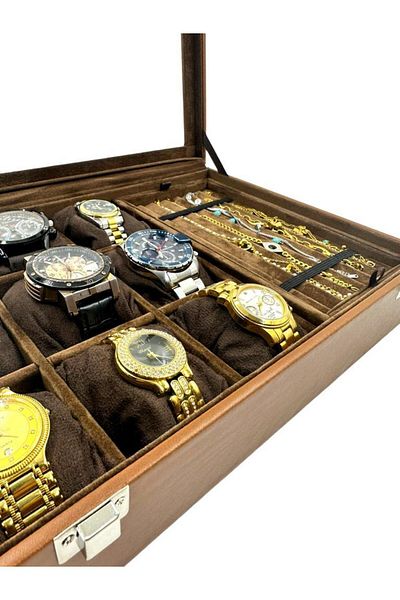 Dijital Çarşı Richbox 9-Piece Watch Rosary Bracelet Necklace Jewelry Box Tan