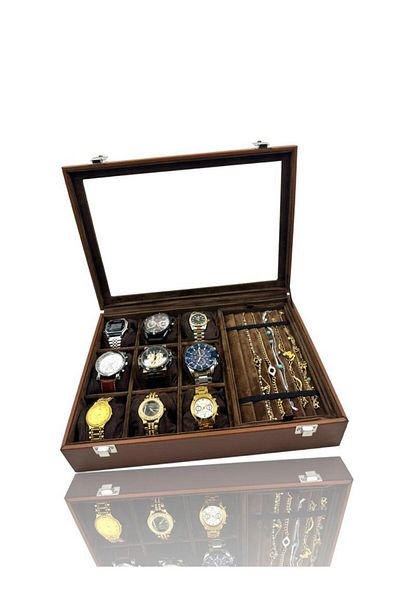 Dijital Çarşı Richbox 9-Piece Watch Rosary Bracelet Necklace Jewelry Box Tan