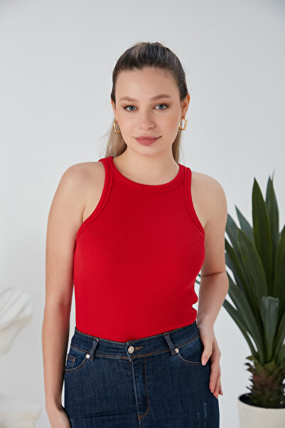 CATSPY Kırmızı Fitted/Vücuda Oturan Fitilli Esnek Örme Bluz