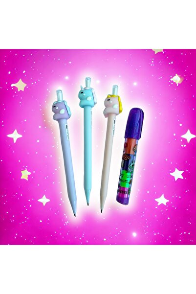 Unicorn Başlıklı Versatil 0.7 Uçlu Kalem 3 Adet + Yumurtlayan Silgi 1 Adet