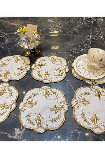 Bonny Home Салфетка за презентация Ivy Gold от 6 части с коктейлно кафе, Maraş Work, сребърна бродерия, салфетка за презентация Gardenia