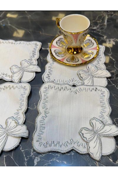 Bonny Home Butterfly Silver 6 piese Cocktail Cafea Servetel de prezentare Maras Work Glazing Broderie Brodat Suport prezentare Gardenia