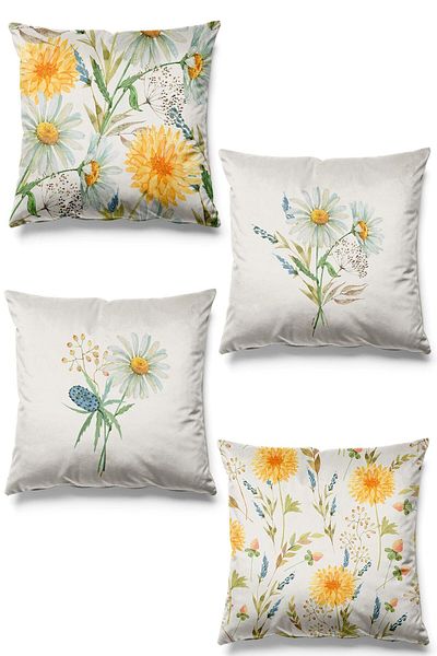 Pilloveland Set de 4 huse de pernă din piele intoarsa cu model de margarete imprimate pe doua fete
