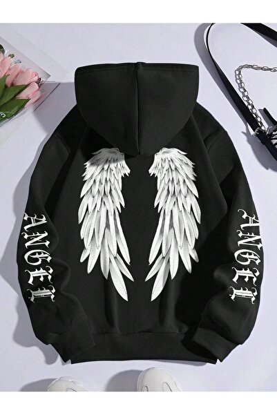 donamod Hanorac negru unisex cu glugă cu aripi de înger pentru femei