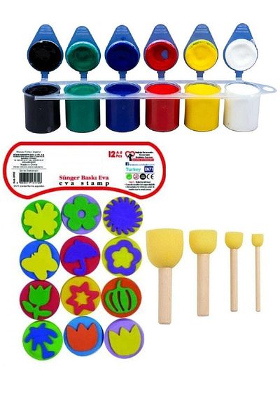 Tahtakale Hobi Eva Printing Set 3 Pieces 25 Ml Finger Paint 12 Pieces Eva Buffer Brush Printing Set
