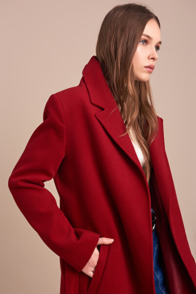 Pitti Women's Claret Red Men's Collar Long Belted Coat 70426