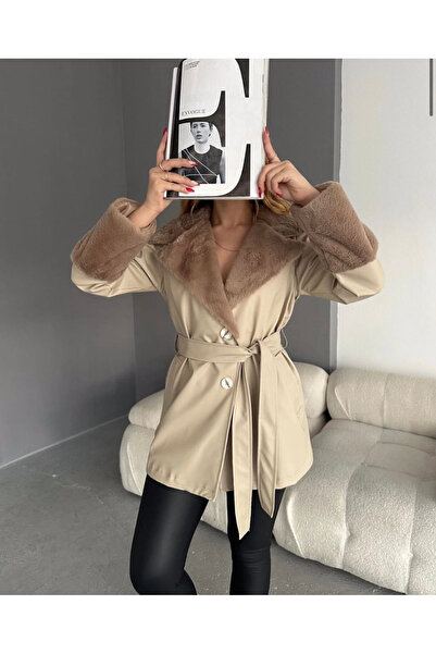 Ekim Store ياقة وأكمام قطيفة - معطف جلدي بحزام بأزرار