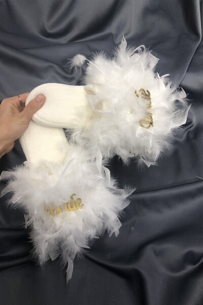 Hayalperest boncuk Tüylü Gold Bride Gelin Terliği