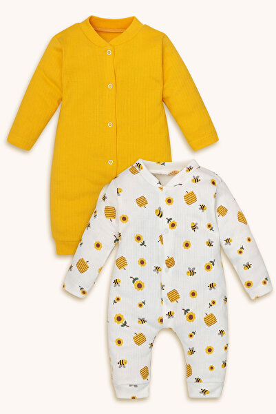 bebizu Ribanalı Arı Desenli ve Sarı Renk Çıtçıtlı 2'li Tulum