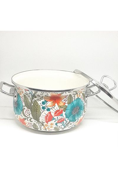 Avşar ENAMEL HOUSE 20 CM, 2750 ML VINTAGE ENAMEL COOKER WITH FLOWER DECOR