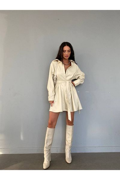 LB Laluna Butik Γυναικείο κρεμ δερμάτινο Lycra πλισέ μακρυμάνικο πουκάμισο φόρεμα με ζώνη στη μέση