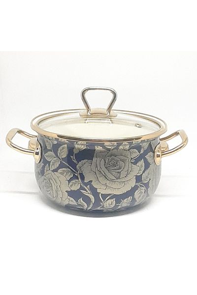 Avşar ENAMEL HOUSE 18 CM, 2 LITER NAVY BLUE ROSE DECORED ENAMEL POT