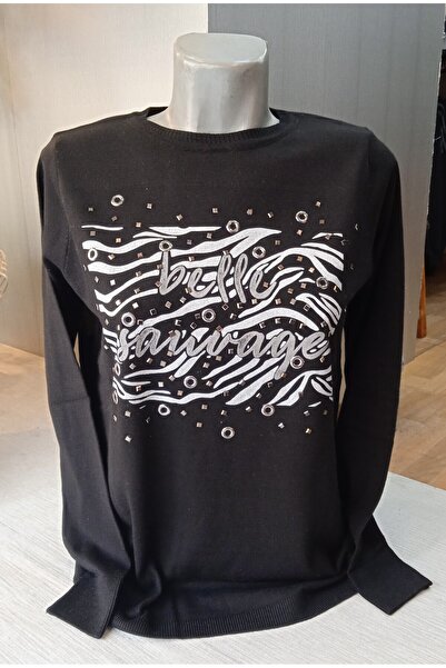 Whip Design WHİP DESİGN Belle Baskılı Bisiklet Yaka Siyah Renk İnce Triko Bluz