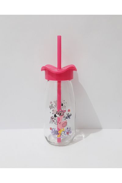 renkli çiçekler Milk Bottle with Straw Milk Meye Juice Bottle for Kids 250ml Cartoon Pattern Bottle