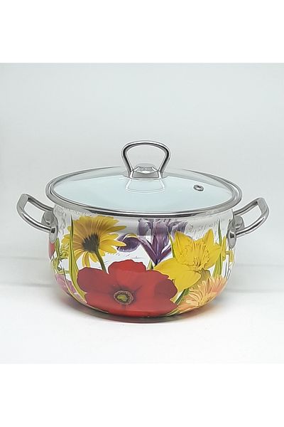 Avşar ENAMEL HOUSE 20 CM, 2750 ML FLOWER PATTERNED ENAMEL POT