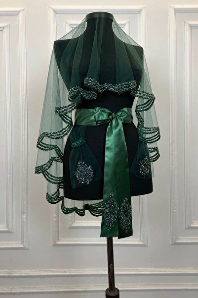 ZEYMERADE طقم حجاب زفاف أخضر زمردي، طقم حجاب حناء مطبوع بالخرز الزجاجي والترت...