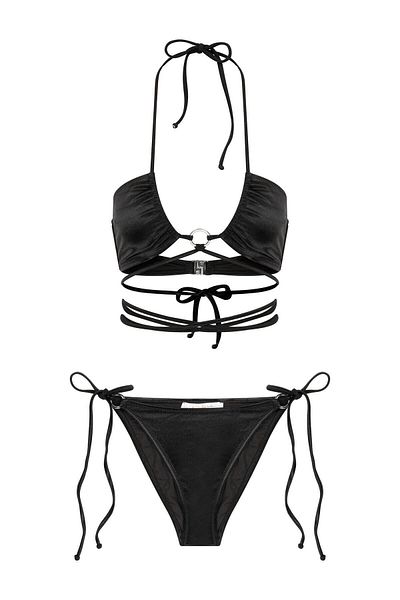 AQUELLA Laced Halter Neck Shiny Satin Black Bikini Set with Accessories
