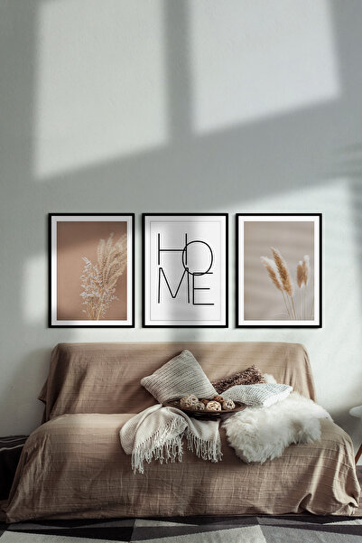 UON Home Temalı Siyah Çerçeve Görünümlü 3 Parça Mdf Tablo Seti Minimal Mdf Ba...