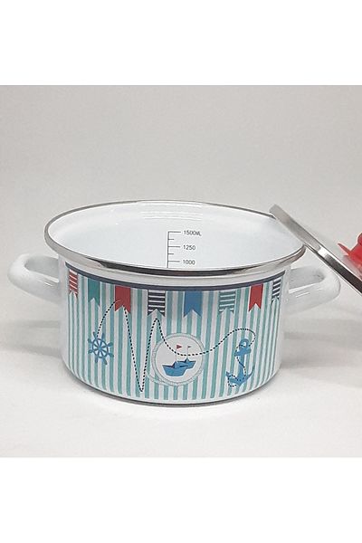 Avşar ENAMEL HOUSE 18 CM, 1750 ML, ENAMEL COOKER WITH SIZE INDICATOR, SEA DECOR