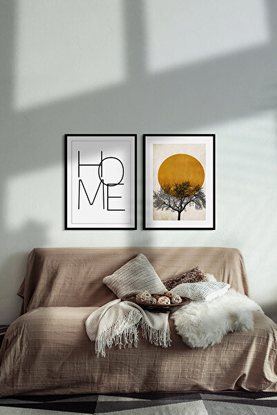 UON Home Temalı Siyah Çerçeve Görünümlü 2 Parça Mdf Tablo Seti Minimal Mdf Ba...