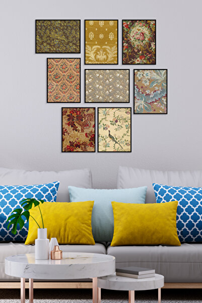 UON Siyah Çerçeve Görünümlü 8 Parça Mdf Tablo Seti Vintage Baskı Seti Mdf Bas...