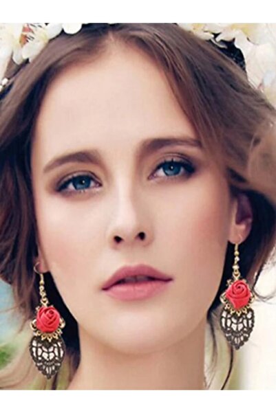 Shisa Jewel Siyah Dantel Kırmızı Saten Gül Çiçek Küpe Moda Dangle Kulaklar Pi...