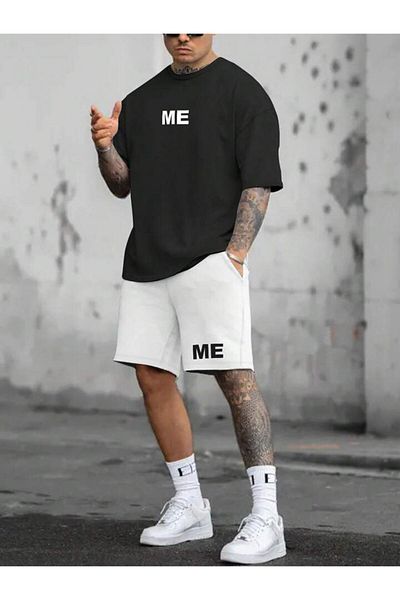 AMMA Men's Black and White Me Printed Top and Bottom Shorts T-Shirt Set