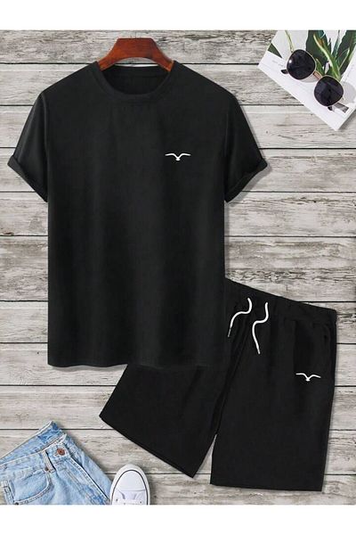 AMMA Men's Bird Printed Top and Bottom T-Shirt Set with Shorts