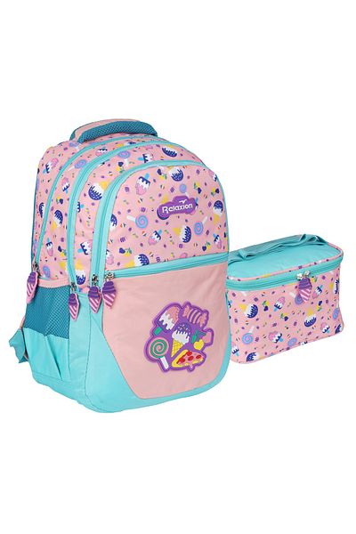 RKY SERENITY Turcoaz Relaxion Sugar Figured - Geantă de școală primară și cutie de prânz pentru fete roz pudrat
