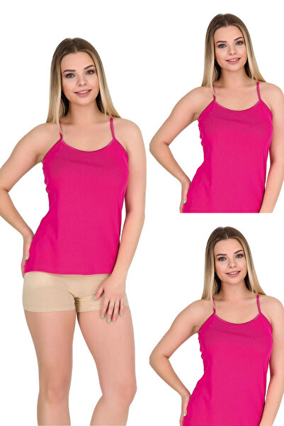 Berrak Ip Askılı Biyeli Ribana Kadın Atlet | 3 Lü Paket Pamuklu Fuşya