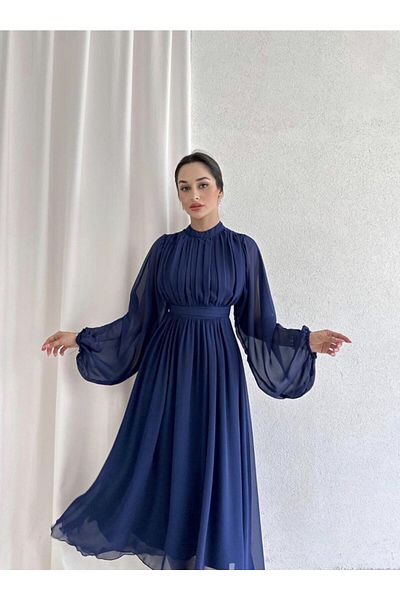 Afiş Butik Rochie midi bleumarin cu mânecă lungă