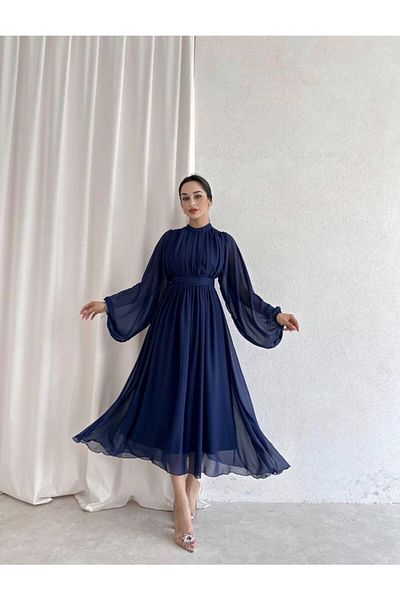Afiş Butik Rochie midi bleumarin cu mânecă lungă