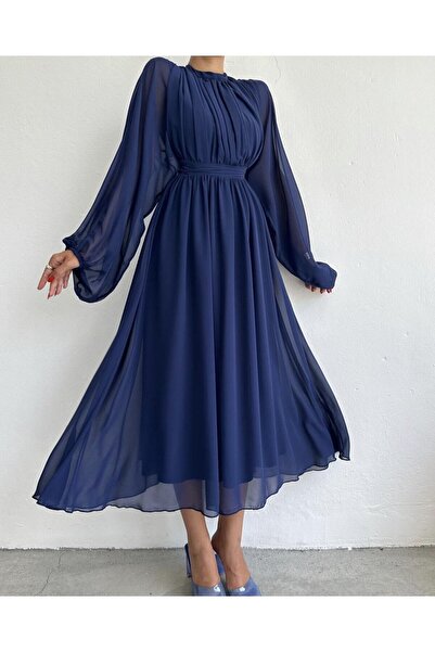 Afiş Butik Sötétkék Midi sifon ruha - hosszú ujjú