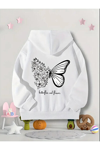 FRİENDS KİDS Kız/Erkek Çocuk Siyah Kapüşonlu Çiçekli Kelebek Sırt Baskılı Swe...