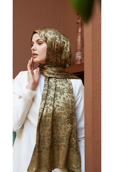 Scarf Shiny Jacquard Flower Pattern Shawl - Gold Black -