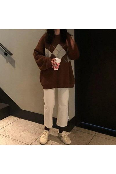 Köstebek Harajuku Vintage Brown Plaid Oversize Sweater - Favorim50Ton
