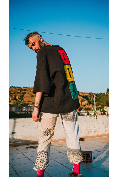 melongeneco Colorkadym Siyah Müslin Boho Handmade Boya Kimono Hırka