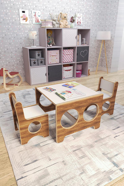 zeo wood design Montessori Çocuk Oyun & Aktivite & Çalışma Masa Ve 2 Sandalye