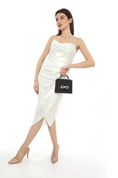 Piedra Black Color Satin Fabric Hand-held and Hanging Evening Bag with Stone and Magnet Cover Width: 17.5 Cm Length: 14 Cm