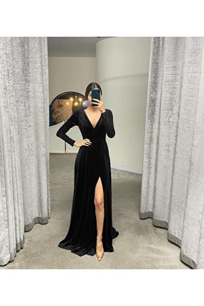 Masspera Μακρυμάνικη λαιμόκοψη με διπλό στήθος - Βραδινό φόρεμα Maxi Velvet μ...