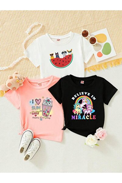 Afternoon Kids تي شيرت مطبوع عليه "يونيكورن" للفتيات مكون من 3 قطع