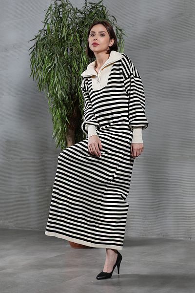 GİYSA Rochie de tricotaj lungă cu dungi cu jumătate de fermoar supradimensionată pentru femei