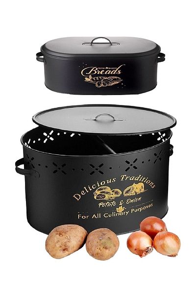 TOPTANFONİ 2-Piece Metal Kitchen Set Metal Bread Basket with Compartments Metal Potato Onion Holder Black